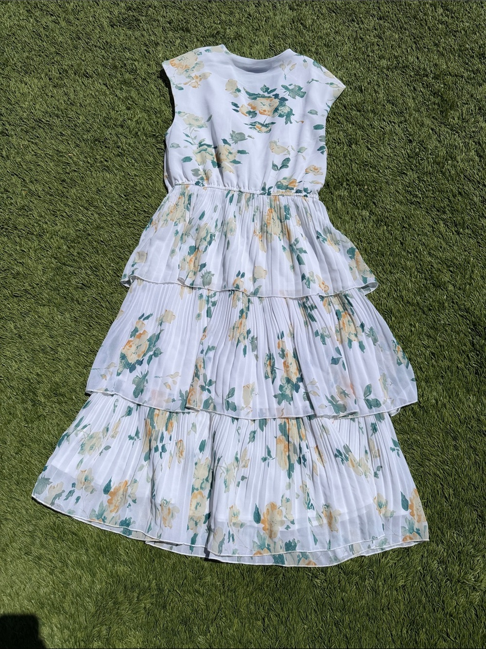 WD.NY white summer floral dress SMALL tiered pleated - Picture 6 of 6